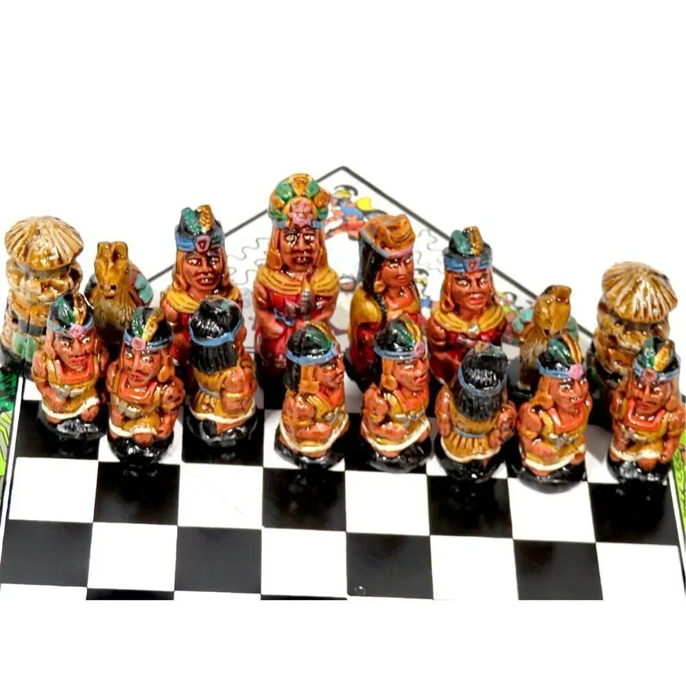 Handcrafted Wooden Peruvian Chess Set   Portable Aztecs Mayans Incas vs Spanish